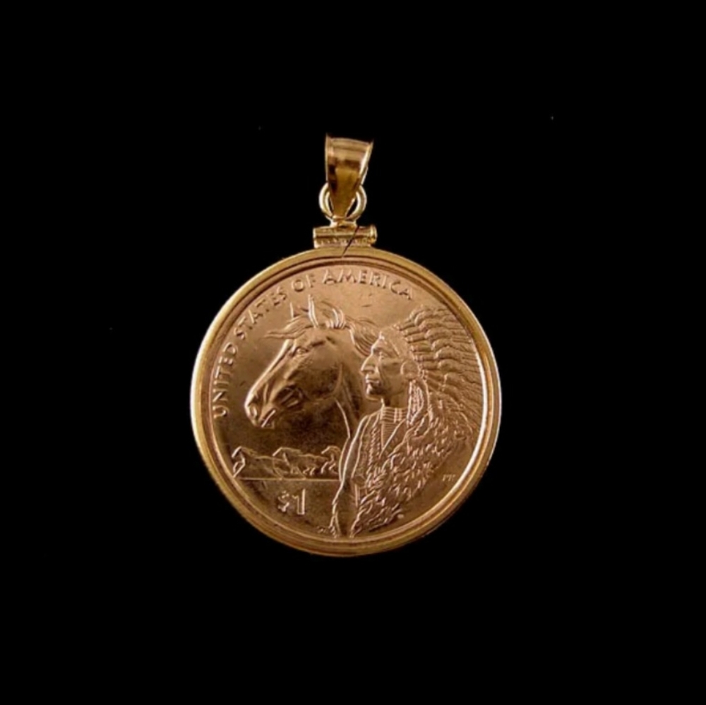 NWOT! Rare, custom Sacagawea + Horse Dollar 2012 Pendant. 14K Gold Filled Bezel.